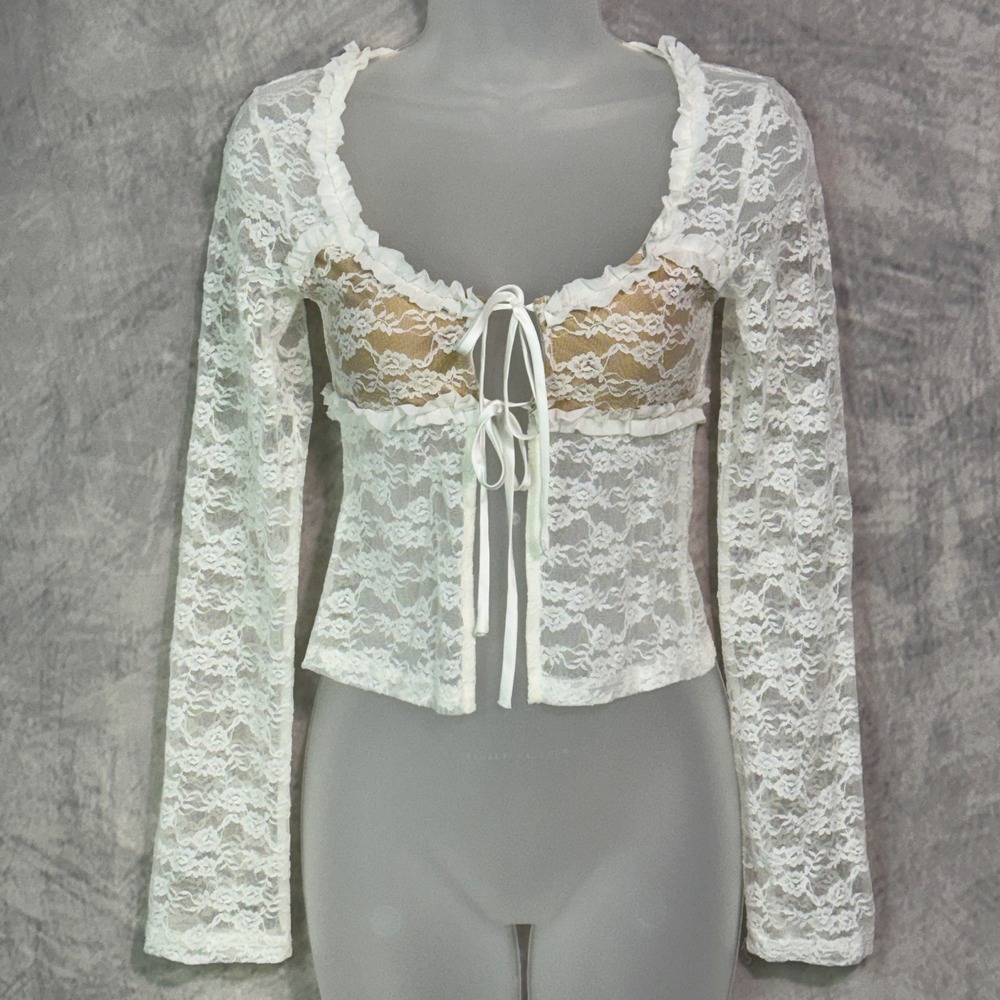 White Lace Tie Front Crop Top‎ sz S Ruffle Trim Coquette Fairy Angel Ethereal
